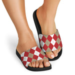 Beige Red And White Argyle Pattern Print Black Slide Sandals