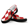 Beige Red And White Argyle Pattern Print Black Slip On Shoes