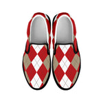 Beige Red And White Argyle Pattern Print Black Slip On Shoes