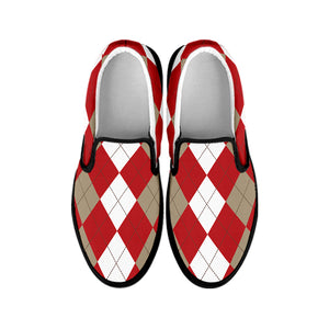 Beige Red And White Argyle Pattern Print Black Slip On Shoes