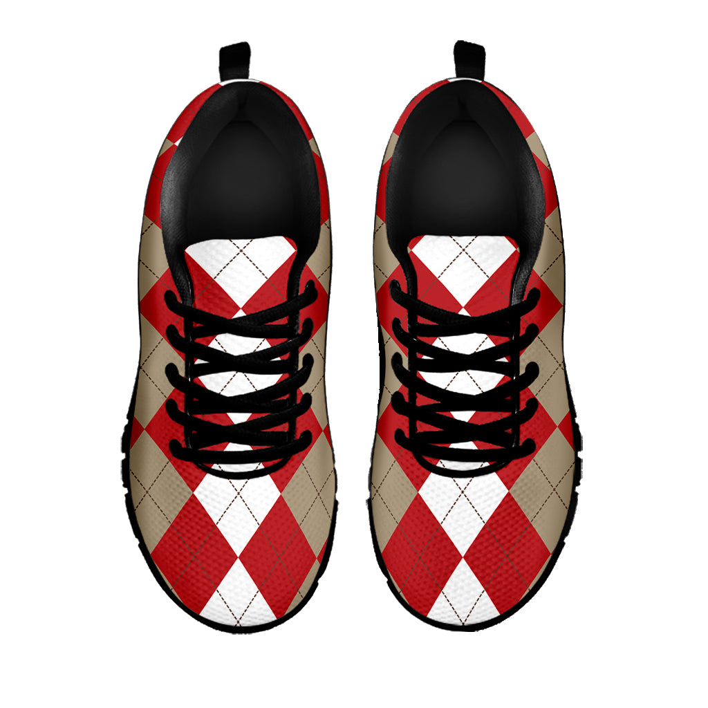 Beige Red And White Argyle Pattern Print Black Sneakers