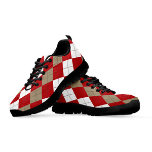 Beige Red And White Argyle Pattern Print Black Sneakers