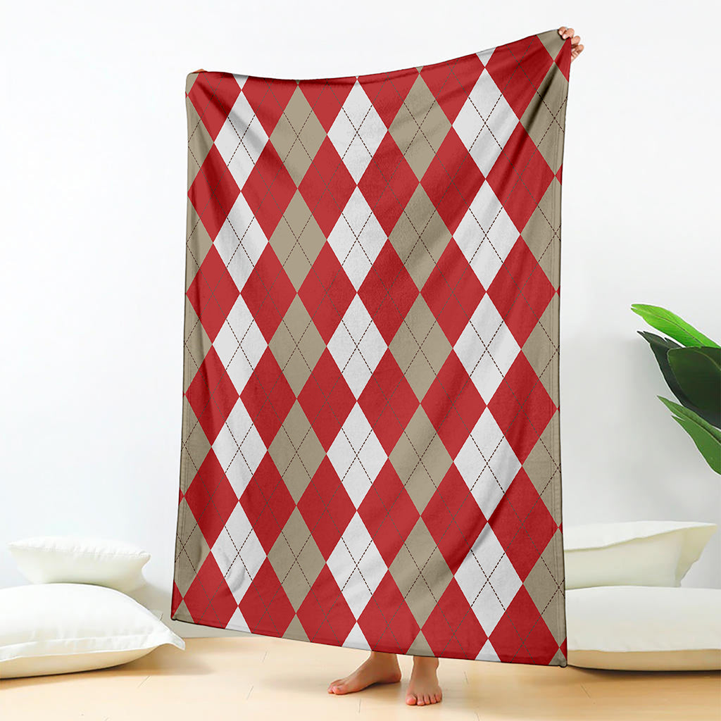 Beige Red And White Argyle Pattern Print Blanket