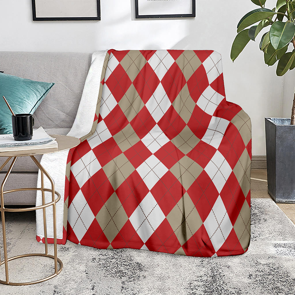 Beige Red And White Argyle Pattern Print Blanket