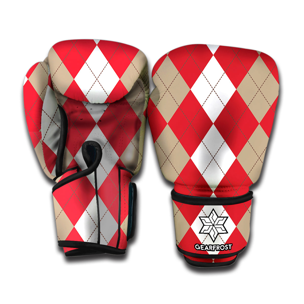 Beige Red And White Argyle Pattern Print Boxing Gloves