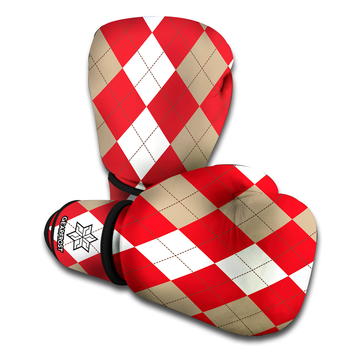 Beige Red And White Argyle Pattern Print Boxing Gloves