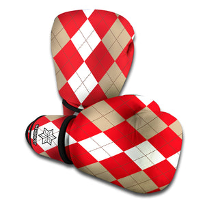 Beige Red And White Argyle Pattern Print Boxing Gloves