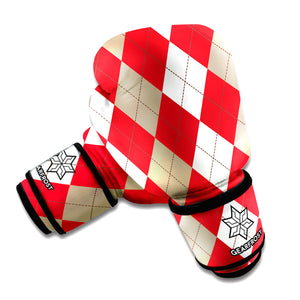 Beige Red And White Argyle Pattern Print Boxing Gloves