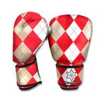 Beige Red And White Argyle Pattern Print Boxing Gloves