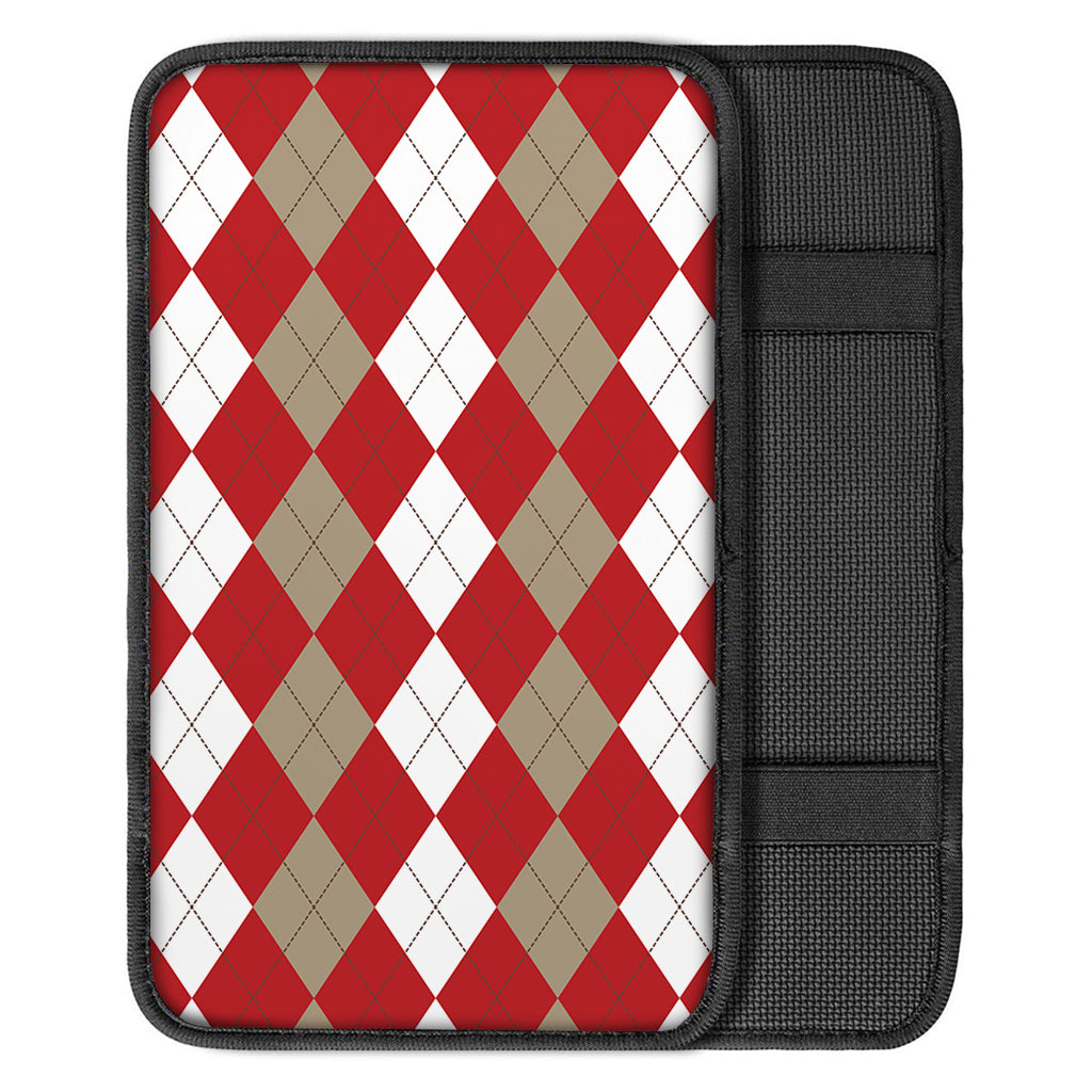 Beige Red And White Argyle Pattern Print Car Center Console Cover