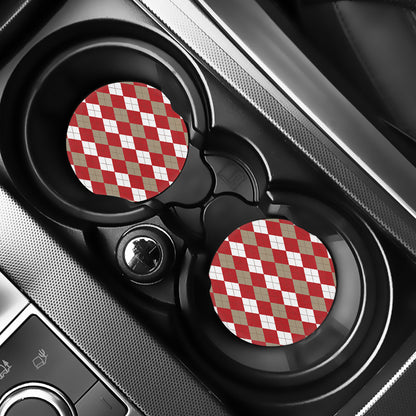 Beige Red And White Argyle Pattern Print Car Coasters