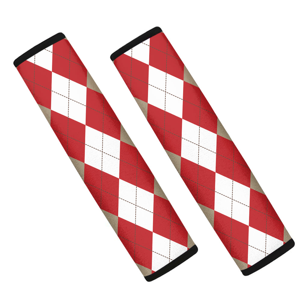 Beige Red And White Argyle Pattern Print Car Seat Belt Covers