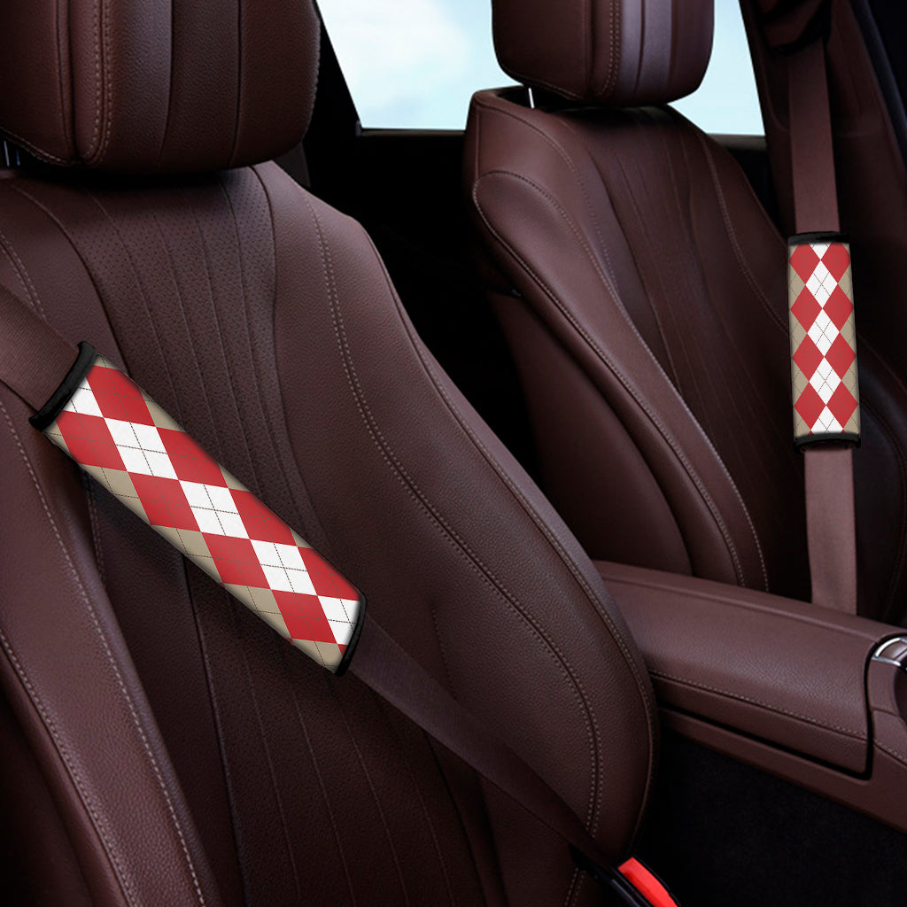 Beige Red And White Argyle Pattern Print Car Seat Belt Covers