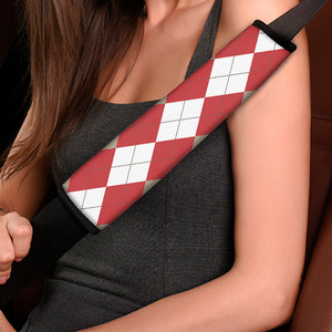 Beige Red And White Argyle Pattern Print Car Seat Belt Covers