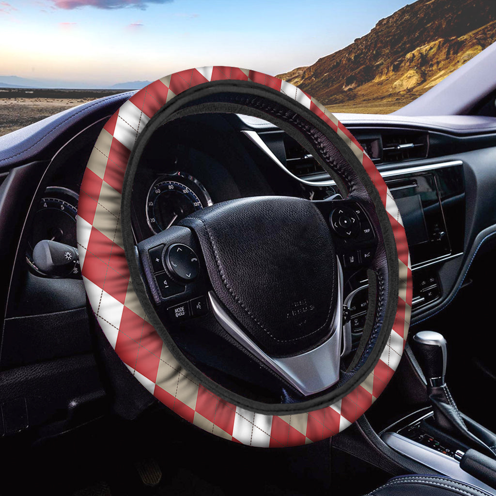 Beige Red And White Argyle Pattern Print Car Steering Wheel Cover