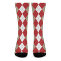 Beige Red And White Argyle Pattern Print Crew Socks