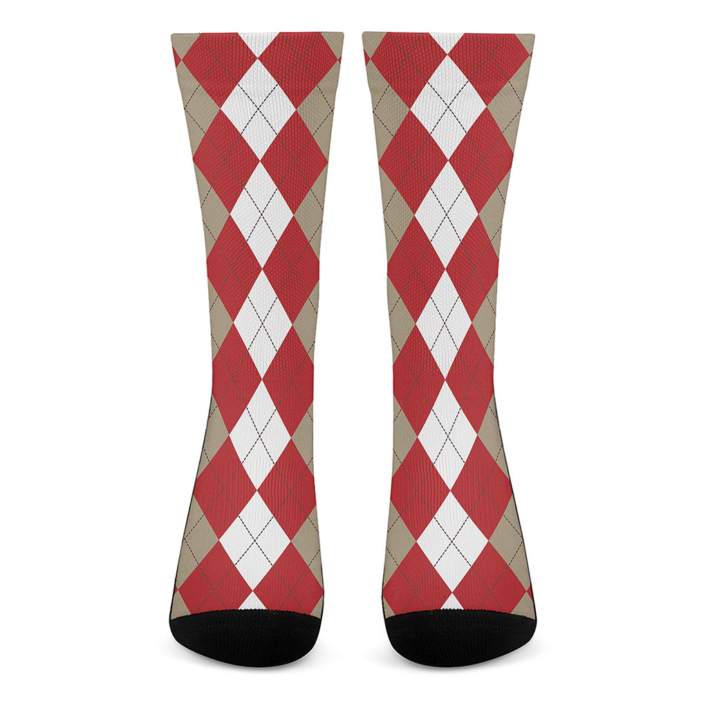 Beige Red And White Argyle Pattern Print Crew Socks