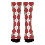 Beige Red And White Argyle Pattern Print Crew Socks