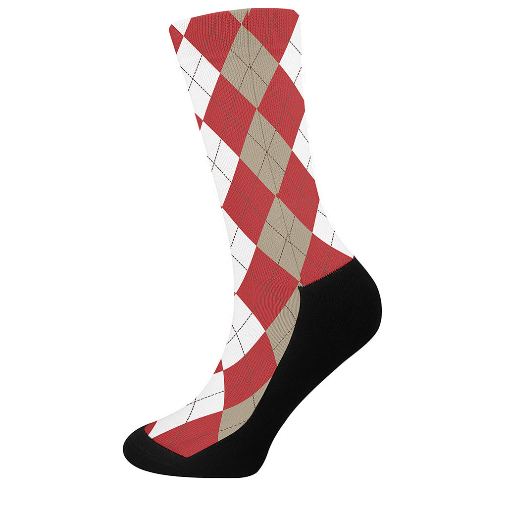 Beige Red And White Argyle Pattern Print Crew Socks