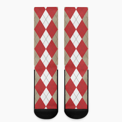 Beige Red And White Argyle Pattern Print Crew Socks