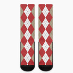 Beige Red And White Argyle Pattern Print Crew Socks