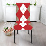 Beige Red And White Argyle Pattern Print Dining Chair Slipcover