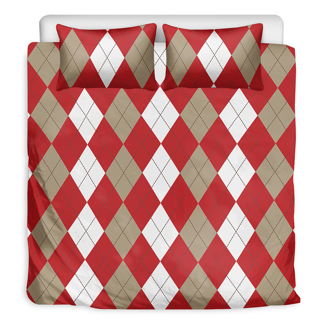Beige Red And White Argyle Pattern Print Duvet Cover Bedding Set