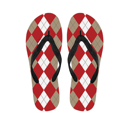 Beige Red And White Argyle Pattern Print Flip Flops