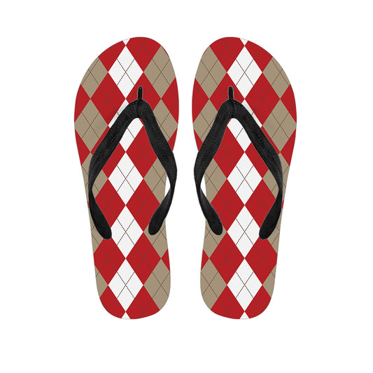Beige Red And White Argyle Pattern Print Flip Flops