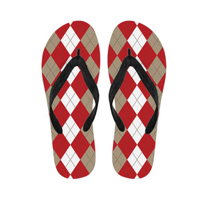 Beige Red And White Argyle Pattern Print Flip Flops