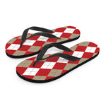 Beige Red And White Argyle Pattern Print Flip Flops