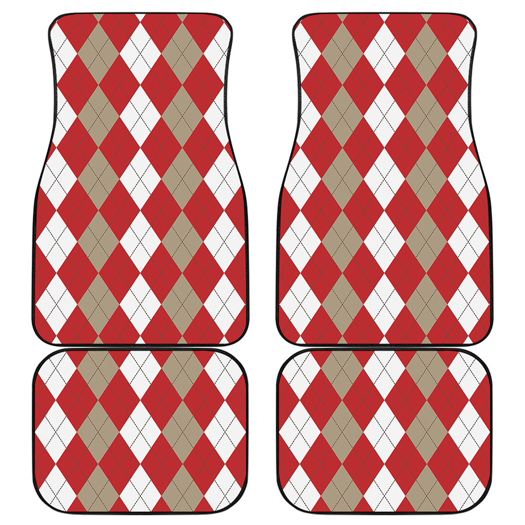 Beige Red And White Argyle Pattern Print Front and Back Car Floor Mats