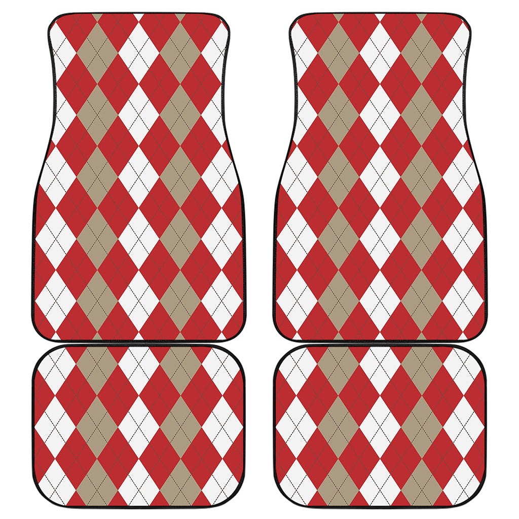 Beige Red And White Argyle Pattern Print Front and Back Car Floor Mats