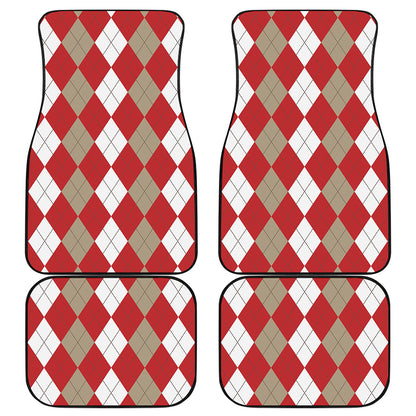 Beige Red And White Argyle Pattern Print Front and Back Car Floor Mats