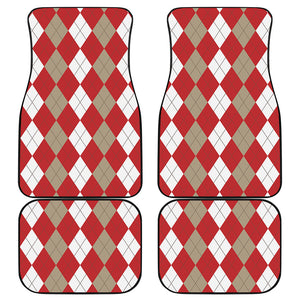 Beige Red And White Argyle Pattern Print Front and Back Car Floor Mats