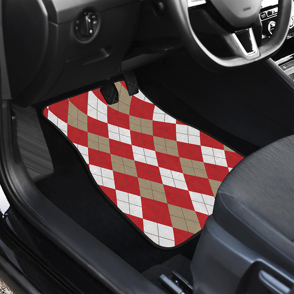 Beige Red And White Argyle Pattern Print Front and Back Car Floor Mats