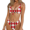 Beige Red And White Argyle Pattern Print Front Bow Tie Bikini