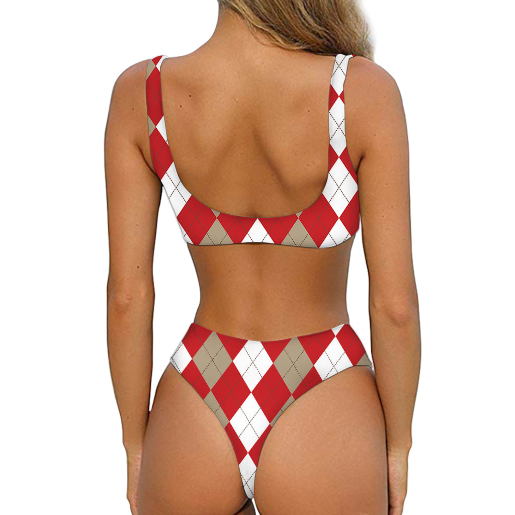 Beige Red And White Argyle Pattern Print Front Bow Tie Bikini