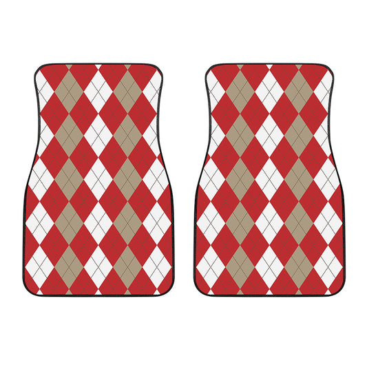 Beige Red And White Argyle Pattern Print Front Car Floor Mats