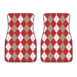 Beige Red And White Argyle Pattern Print Front Car Floor Mats