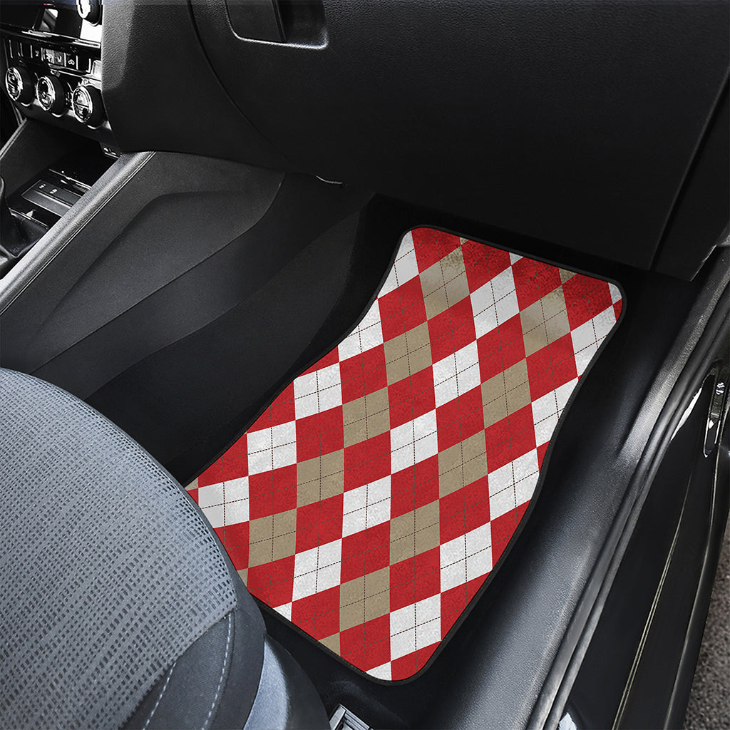 Beige Red And White Argyle Pattern Print Front Car Floor Mats