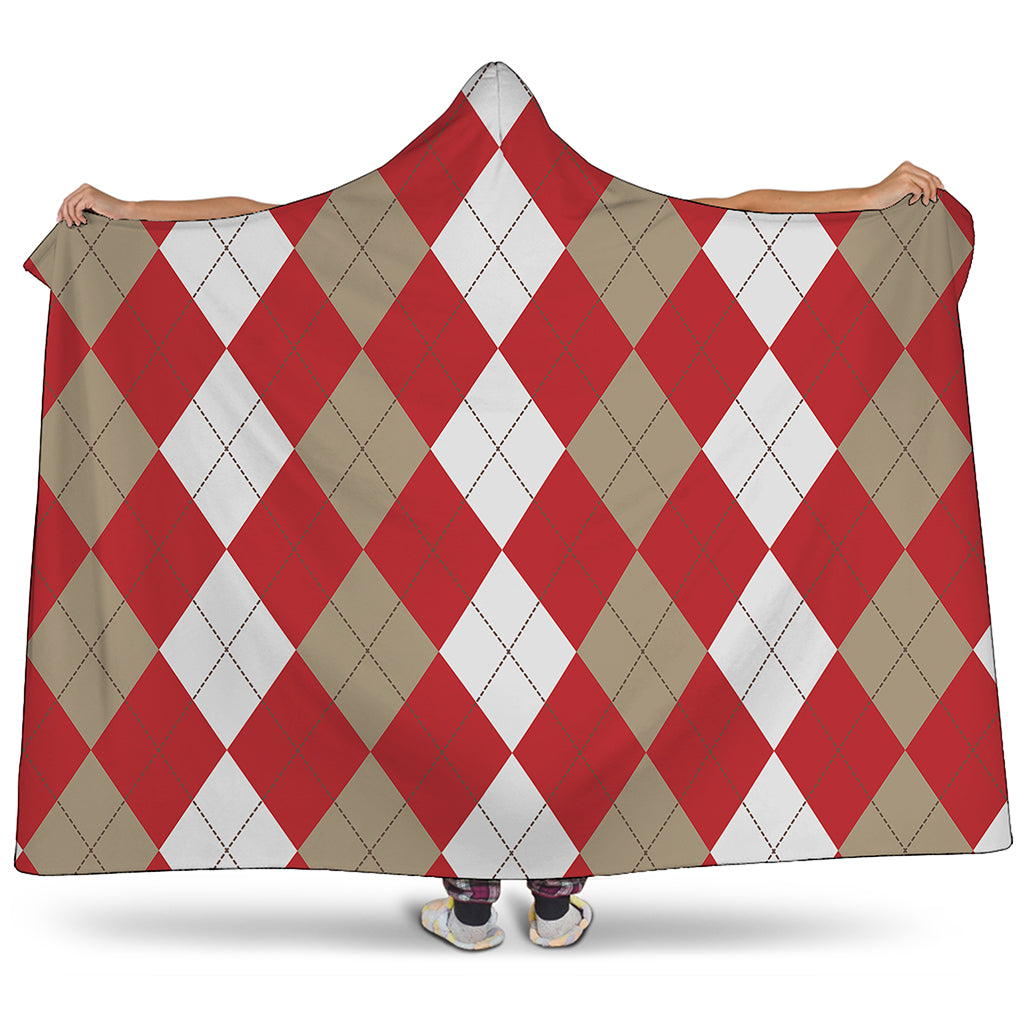 Beige Red And White Argyle Pattern Print Hooded Blanket