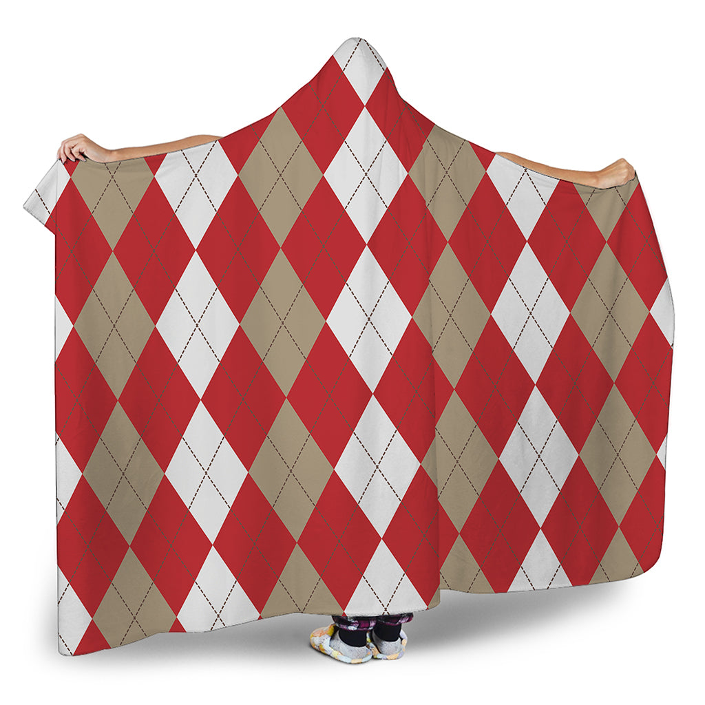 Beige Red And White Argyle Pattern Print Hooded Blanket