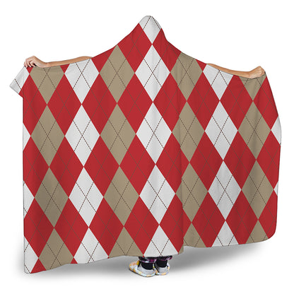 Beige Red And White Argyle Pattern Print Hooded Blanket