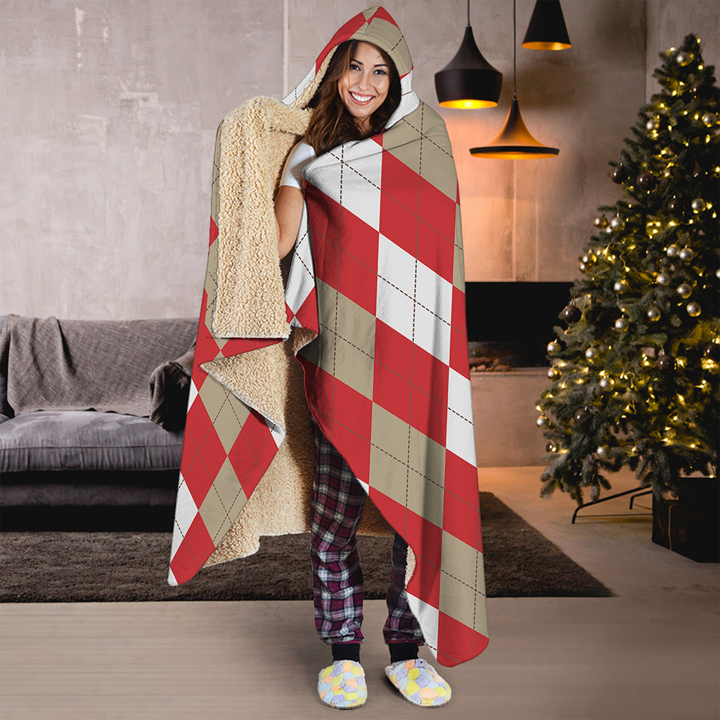Beige Red And White Argyle Pattern Print Hooded Blanket