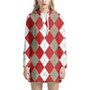 Beige Red And White Argyle Pattern Print Hoodie Dress