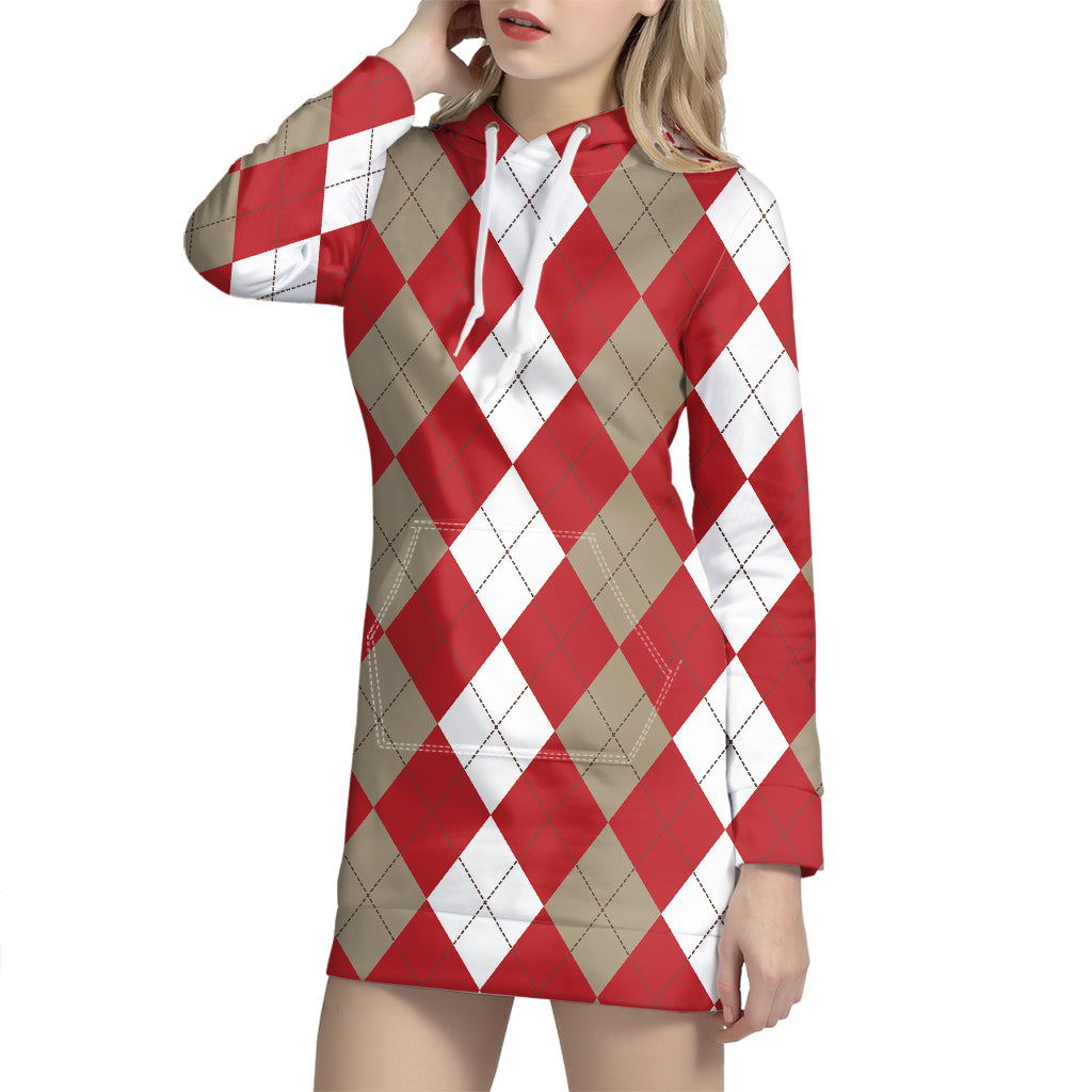 Beige Red And White Argyle Pattern Print Hoodie Dress