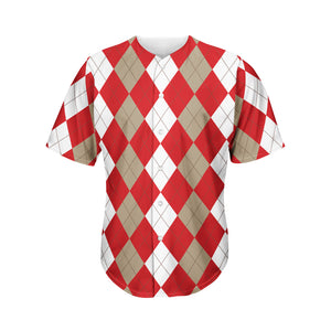 Beige Red And White Argyle Pattern Print Men's Baseball Jersey