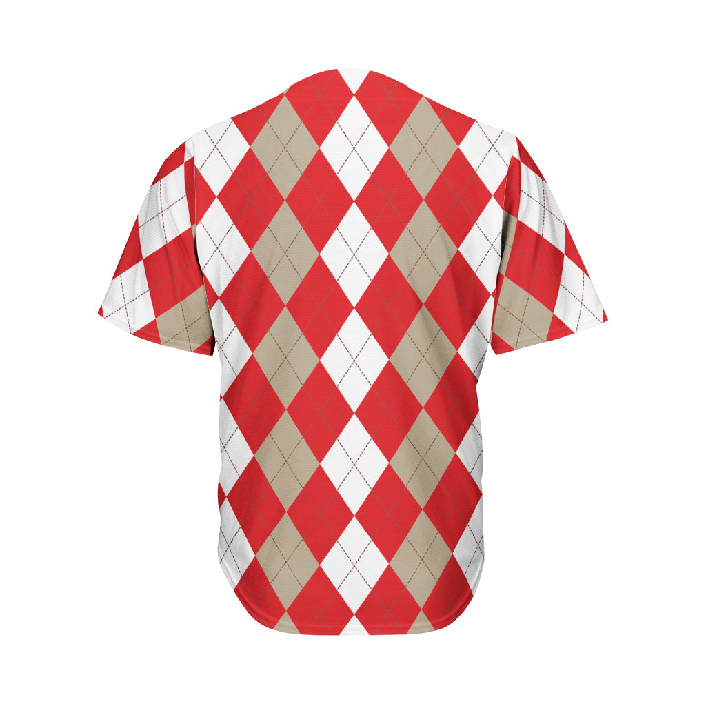 Beige Red And White Argyle Pattern Print Men's Baseball Jersey