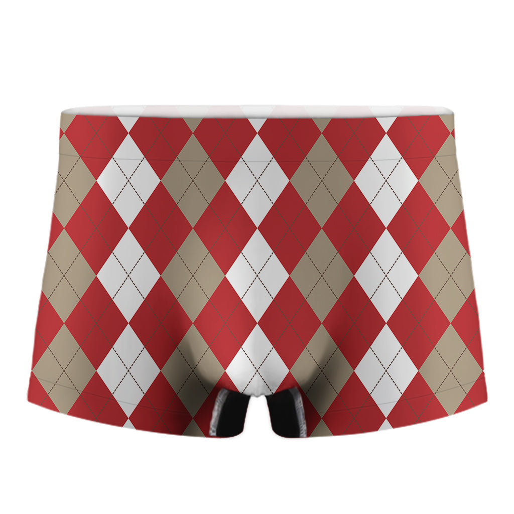 Beige Red And White Argyle Pattern Print Men's Boxer Briefs